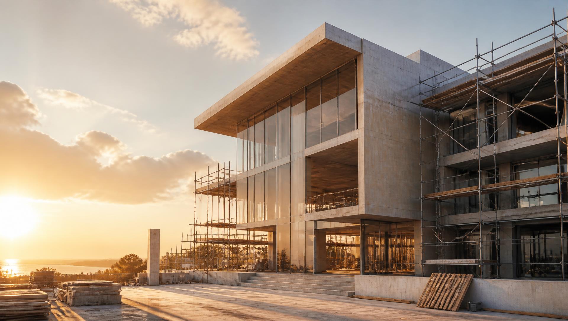 Obra em construção com andaimes e grua ao anoitecer